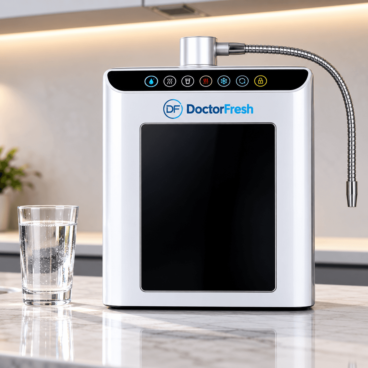 Doctor Fresh countertop water purifier beside a glass of water