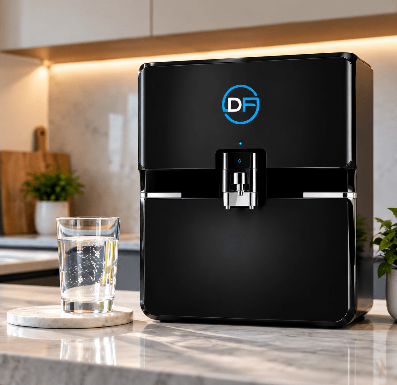 Doctor Fresh black water purifier on a kitchen counter