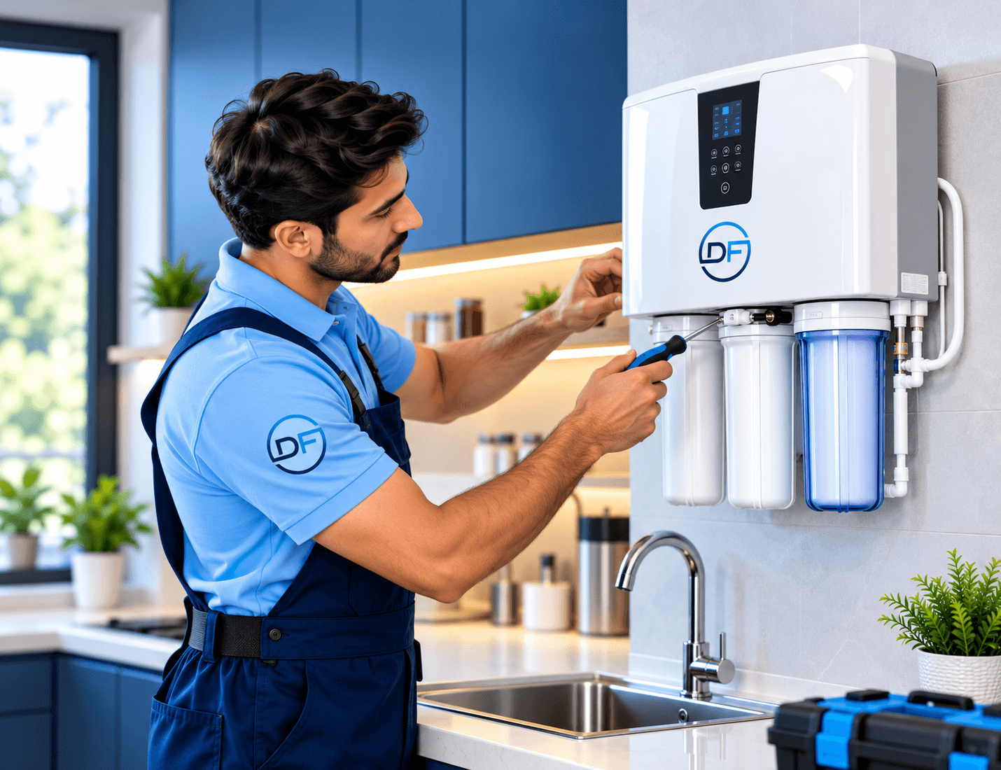 A Doctor Fresh technician servicing an RO filter at a customer's home