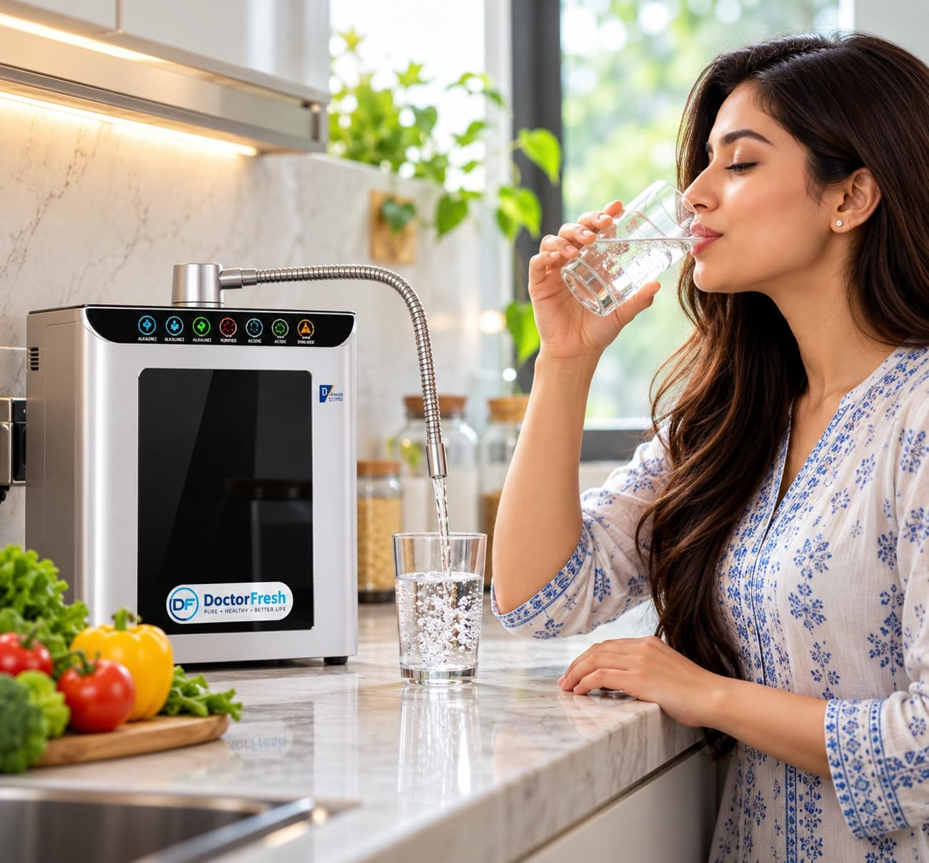 Drinking a glass of water beside a Doctor Fresh alkaline ioniser