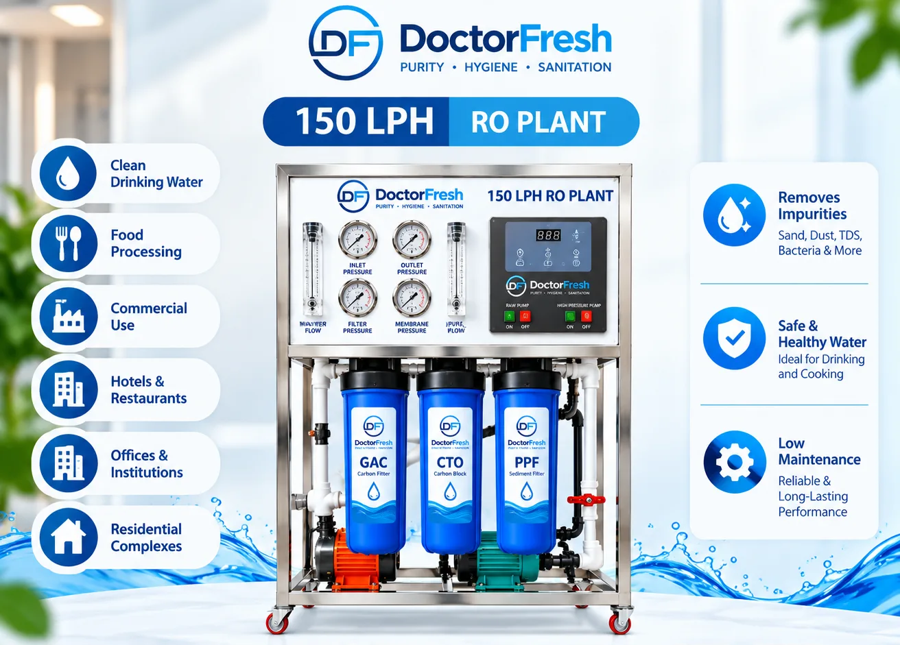 150 LPH RO Plant (RO with Two Element) - Doctor Fresh — features 150 LPH RO Plant (RO with Two Element) - Doctor Fresh — features